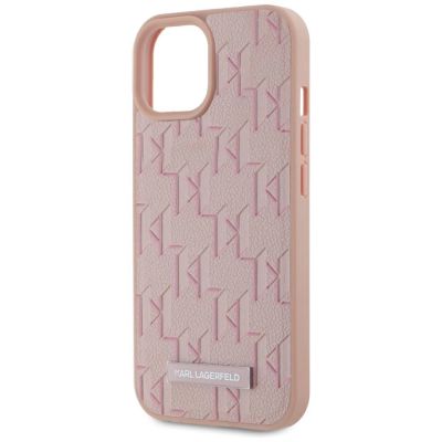 6. Karl Lagerfeld Leather Monogram Metal Logo MagSafe iPhone 15 Case - Pink