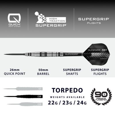 3. Harrows SUPERGRIP QP TORPEDO 90% steeltip darts