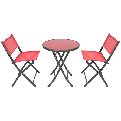 29. BALCONY FURNITURE SET ROUND TABLE AND 2 FOLDING CHAIRS RED
