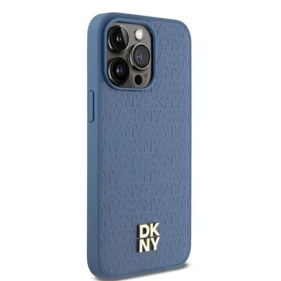 4. DKNY Leather Monogram Pattern Metal Logo MagSafe Case for iPhone 15 Pro Max - Blue