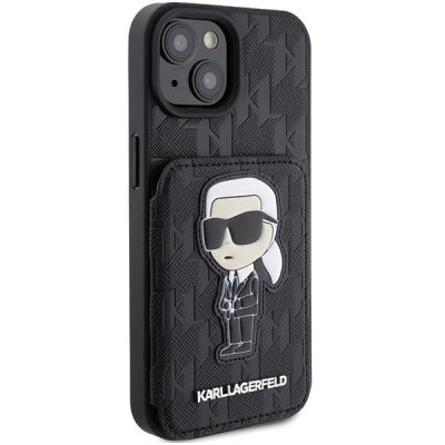 4. Karl Lagerfeld Saffiano Cardslots and Stand Monogram Ikonik Patch case for iPhone 15 - black