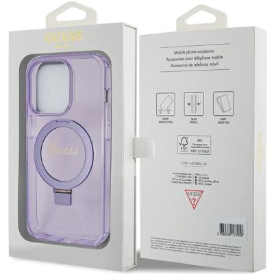8. Guess Ring Stand Script Glitter MagSafe case for iPhone 15 Pro - purple