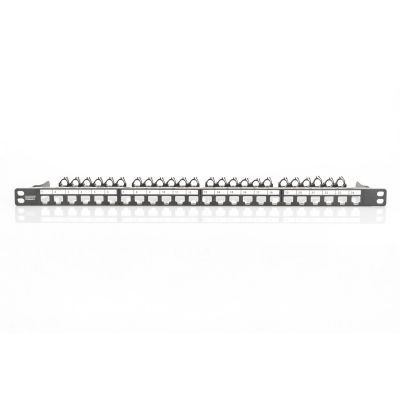 6. High density patch panel 19" 24x keystone, shielded, 0.5U, black, cable guide, labeling fields