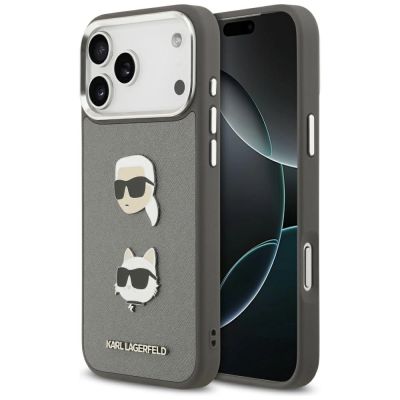Karl Lagerfeld FW Grained Karl & Choupette Heads Pins & Logo iPhone 17 Pro Max Case - Gray