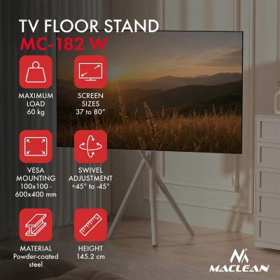 4. MACLEAN TV FLOOR MOUNT / STAND, 37-80", MAX. VESA 600X400, MAX. 60KG MC-182 W