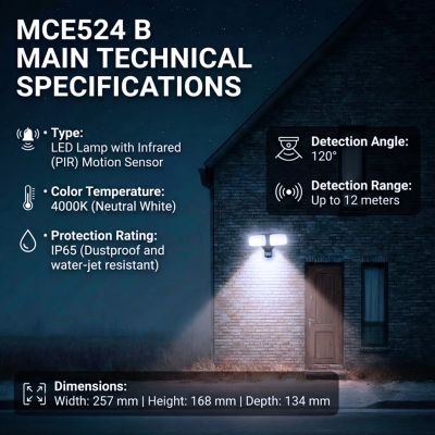 3. MACLEAN LED WALL LAMP, WITH PIR SENSOR, 20W, 1500LM, IP65, NEUTRAL WHITE 4000K, BLACK MCE524 B