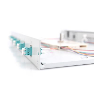 5. FO patch panel with equipment 19'' 1U, 6x LC dx, OM3, pigtails, adapters, trays, sliding, gray