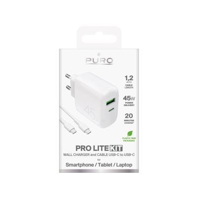 2. Puro Daily Prolite 45W USB-C USB-A Power Delivery Charger with USB-C Cable - White