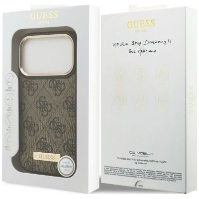 8. Guess 4G Logo Plate MagSafe Case for iPhone 18 Pro / 17 Pro – Brown