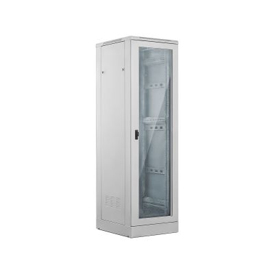 24U 600x600 cabinet, glass front door, solid metal rear door, lock, 4 load-bearing beams, plinth included, for self-assembly, gray, ALANTEC