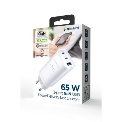 5. GEMBIRD FAST USB CHARGER POWER DELIVERY USB TYPE C, 3X USB, 65W, GAN WHITE