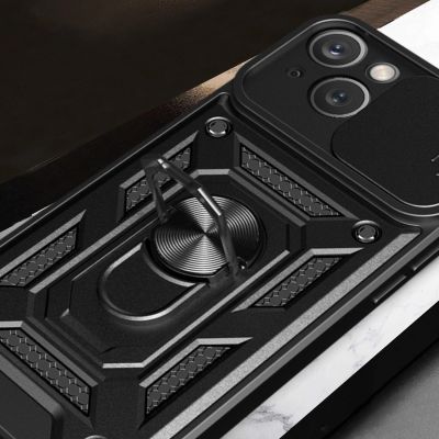 5. Hybrid Armor Camshield Case with Stand and Camera Cover for iPhone 15 Plus - Black