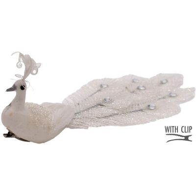 DECORATIVE PEACOCK ON A WHITE BAUBLE CLIP