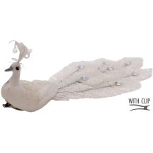 DECORATIVE PEACOCK ON A WHITE BAUBLE CLIP