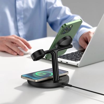 9. Baseus Swan inductive charger (MagSafe compatible) stand for iPhone, Apple Watch, AirPods + USB-C cable 1m black (WXTE000101)