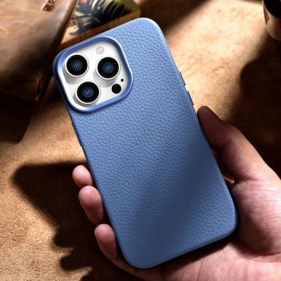 17. iCarer Litchi Premium Leather Case iPhone 14 Pro Max Magnetic Leather Case with MagSafe Light Blue (WMI14220712-LB)