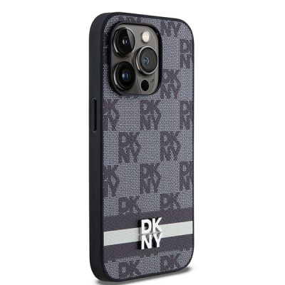 4. DKNY Leather Checkered Mono Pattern & Printed Stripes iPhone 14 Pro Case - Black