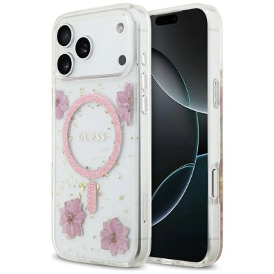 Guess Resin Flowers Glitter MagSafe Case for iPhone 17 Pro Max - Pink