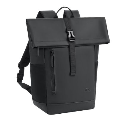 6. Rivacase Eden Backpack Roll-Up Backpack Black Polyester, Waxed Leather (Pull Up)