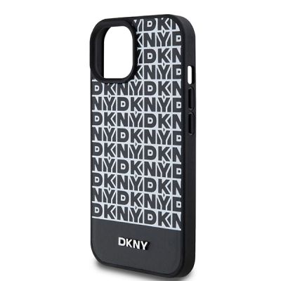 6. DKNY Leather Printed Pattern Metal Logo MagSafe Case for iPhone 15/14/13 - Black