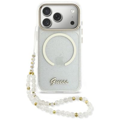 Guess IML Glitters Script Strap MagSafe Case for iPhone 17 Pro - Clear