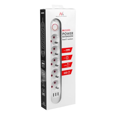 9. MACLEAN POWER STRIP EXTENSION CORD 5 OUTLETS + 3XUSB, 110-240V AC 50/60HZ, 2.1A MAX 2500W, 1.5M, WHITE MCE395W