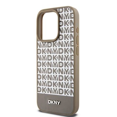 6. DKNY Leather Printed Pattern Metal Logo MagSafe Case for iPhone 15 Pro Max - Brown