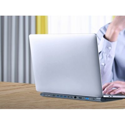 3. GEMBIRD MULTI ADAPTER USB TYPE-C 9IN1 (USB HUB + HDMI + VGA + PD + CARD READER + LAN + AUDIO 3.5MM) COLOR GRAY