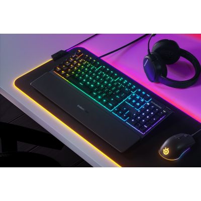 3. SteelSeries Apex 3 Gaming Keyboard, US Layout, Wired, Black SteelSeries Apex 3 Gaming keyboard IP32 water resistant for protection against spills, Customizable 10-zone RGB illumination reacts to games and Discord, Whisper quiet gaming switches last