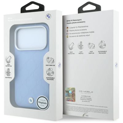 8. BMW Sign Deboss Quilted Metal Logo MagSafe Case for iPhone 17 Pro / 18 Pro - Blue