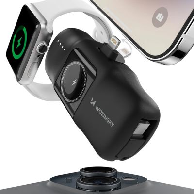 5. Wozinsky WF16-YLS 5000mAh 15W Lightning Mini Power Bank with Built-in USB-C Cable and Apple Watch Charger - Black