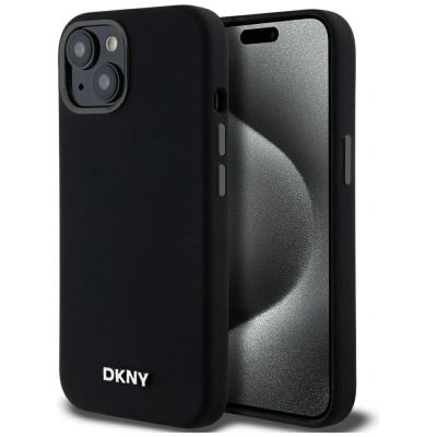 DKNY Liquid Silicone Small Metal Logo MagSafe Case for iPhone 14/15/13 - Black