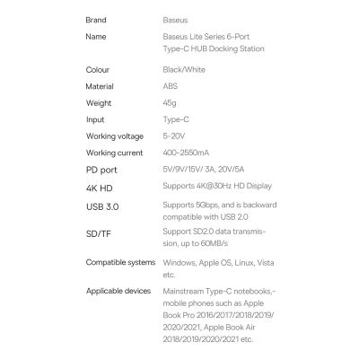 21. Baseus Lite Series multifunctional HUB USB Type C - 2 x USB 3.0 / USB Type C PD / HDMI 1,4 / SD / TF white (WKQX050102)