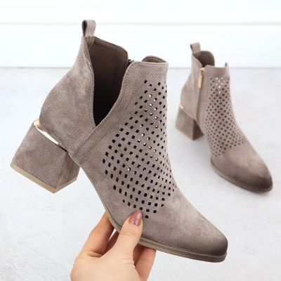 2. Women's suede ankle boots with openwork heels, gray, Potocki SZ12356