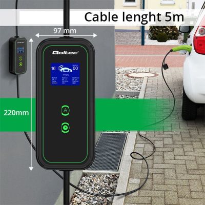 8. Qoltec 52476 Mobile charger for electric car EV with regulation 2 in 1 Type 2 | 3.5kW | 230V | Wi-fi | LCD | Portable | Wallbox | 5m