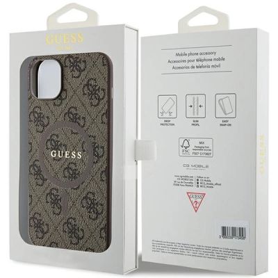 8. Guess 4G Collection Leather Metal Logo MagSafe Case for iPhone 15 Plus / 14 Plus - Brown