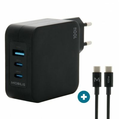 9. Mobilis Charger 100W 2USB C 1USBA GaN cable 100W Laptop, Smartphone, Tablet Black Alternating Current Internal