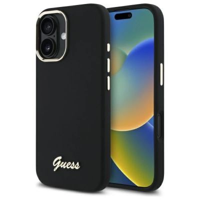 Guess Silicone Script Metal Logo & Frame Case for iPhone 16 Plus - Black
