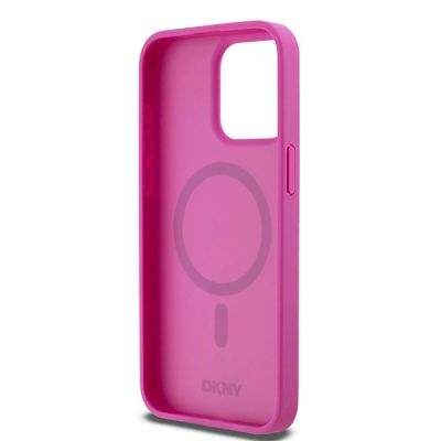 7. DKNY Leather Monogram Pattern Metal Logo MagSafe Case for iPhone 15 Pro Max - Pink