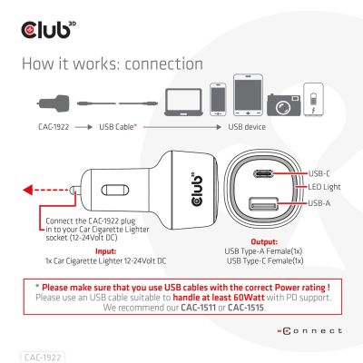 5. CLUB3D CAC-1922 Black Automatic Lighter Charger for Mobile Devices Laptop