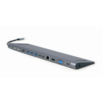 GEMBIRD MULTI ADAPTER USB TYPE-C 9IN1 (USB HUB + HDMI + VGA + PD + CARD READER + LAN + AUDIO 3.5MM) COLOR GRAY