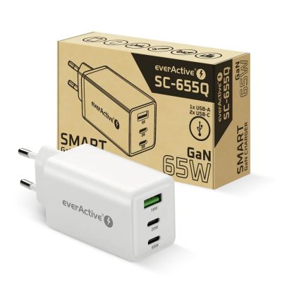 7. EVERACTIVE GAN WALL CHARGER 1 X USB, 2 X USB-C QUICK CHARGE 4+ 65W WHITE SC-655Q