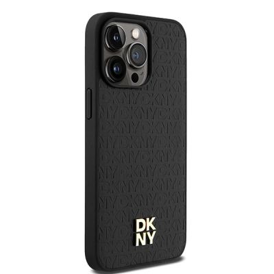 4. DKNY Leather Monogram Pattern Metal Logo MagSafe Case for iPhone 15 Pro Max - Black