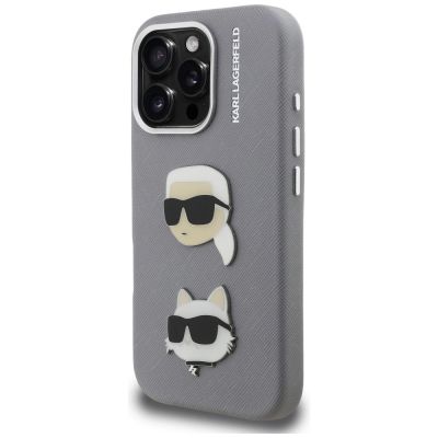 2. Karl Lagerfeld FW Grained Karl & Choupette Heads Pins Case for iPhone 16 Pro - Gray