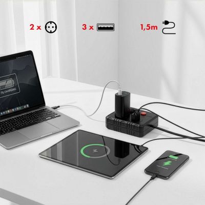 8. MACLEAN POWER STRIP, EXTENSION CORD 2 OUTLETS + 3XUSB, 110-240V AC 50/60HZ, 2.1A MAX 2500W, 1.5M, BLACK MCE387 B