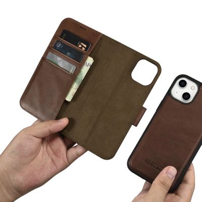 12. iCarer Oil Wax Wallet Case 2in1 Cover iPhone 14 Plus Anti-RFID Leather Flip Case Brown (WMI14220723-BN)