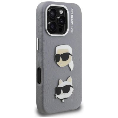 4. Karl Lagerfeld FW Grained Karl & Choupette Heads Pins Case for iPhone 16 Pro - Gray