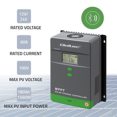 2. Qoltec 53665 MPPT solar charge controller with temperature sensor 60A | 12V / 24V | LCD | Bluetooth | APP | GEL | LiFePO4