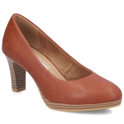 7. Brown leather pumps with a block heel, Rieker 41560-23