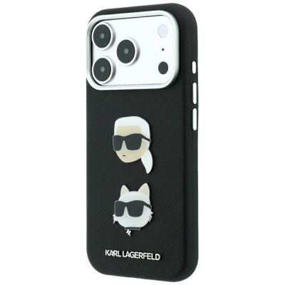 2. Karl Lagerfeld Saffiano Case with Karl & Choupette Heads Pins & Logo for iPhone 18 Pro / 17 Pro - Black